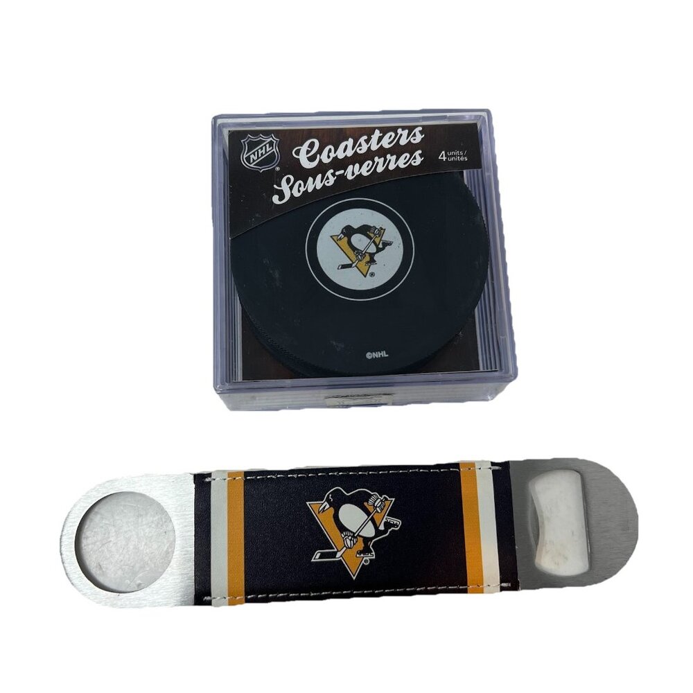 Pittsburgh Penguins Hockey Puck Coaster Set Long Neck Bottle Opener Man Cave Bar